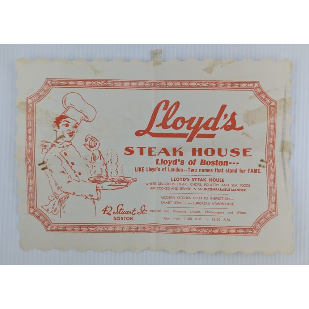 Vintage Lloyd's Steak House Paper Ad 42 Stuart St. Boston